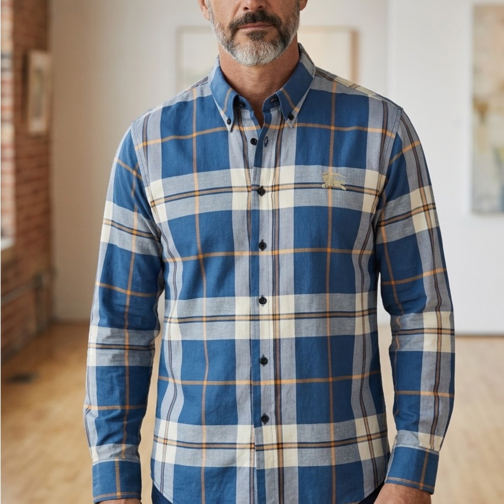 Burberry London Men's Blue Plaid Button-Down Shirt Cotton Size XL